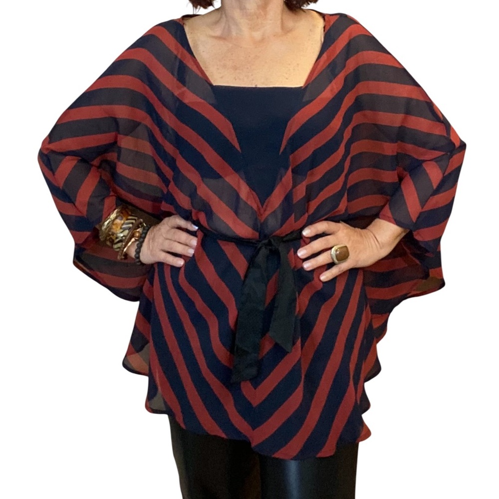 Poncho Style Striped Brown and Black top/tunic OS EUC